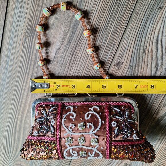 Handbeaded Sequin Kiss Lock Mini Purse Beaded Handle Floral Embellished Handbag - Picture 13 of 15